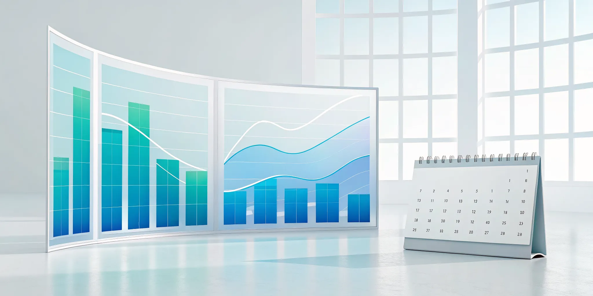 Financial graphs and a calendar for SaaS revenue recognition for software companies.