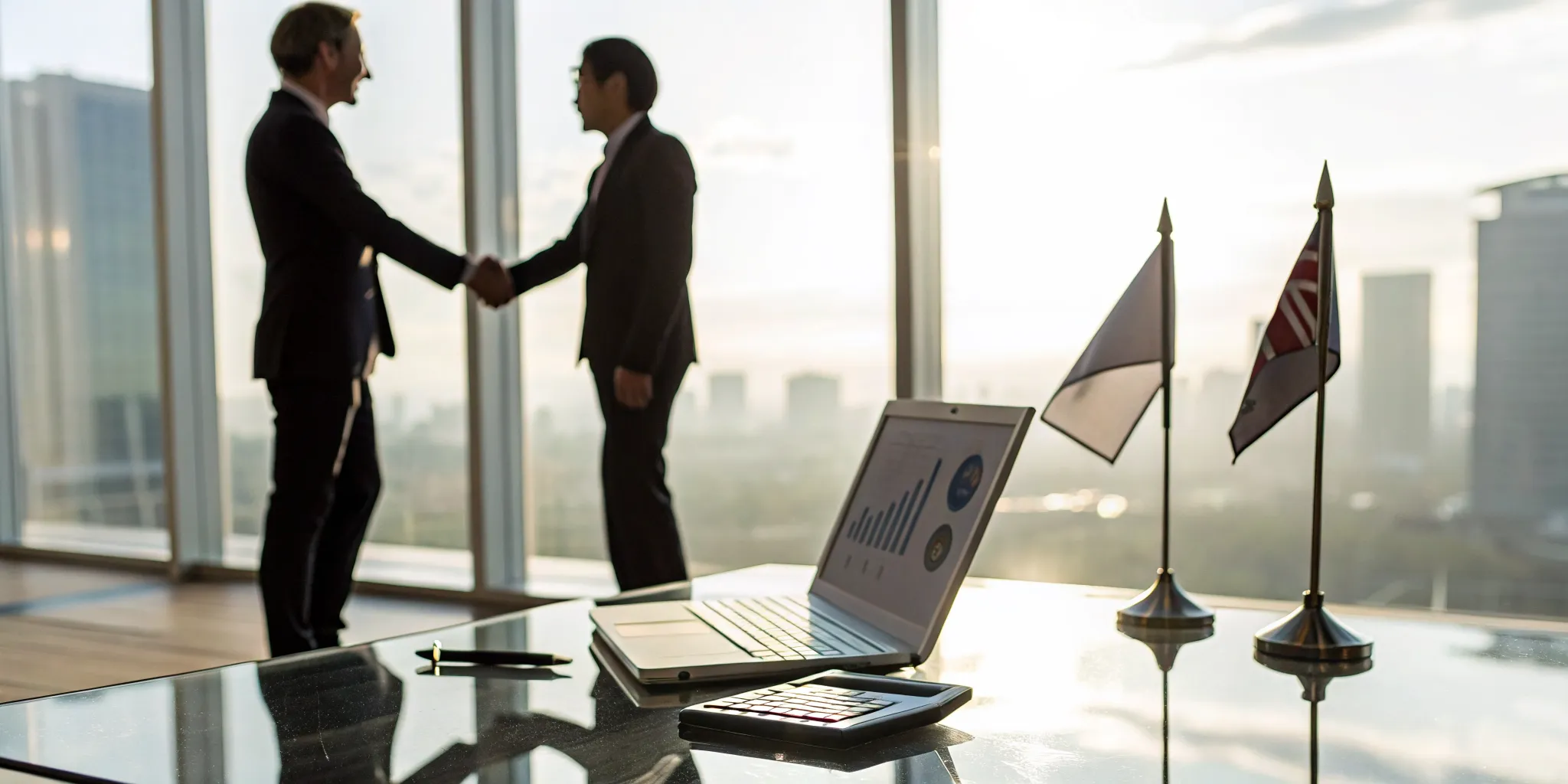 Businessmen shake hands, finalizing the US-Japan tax treaty for businesses with US and Japan flags present.