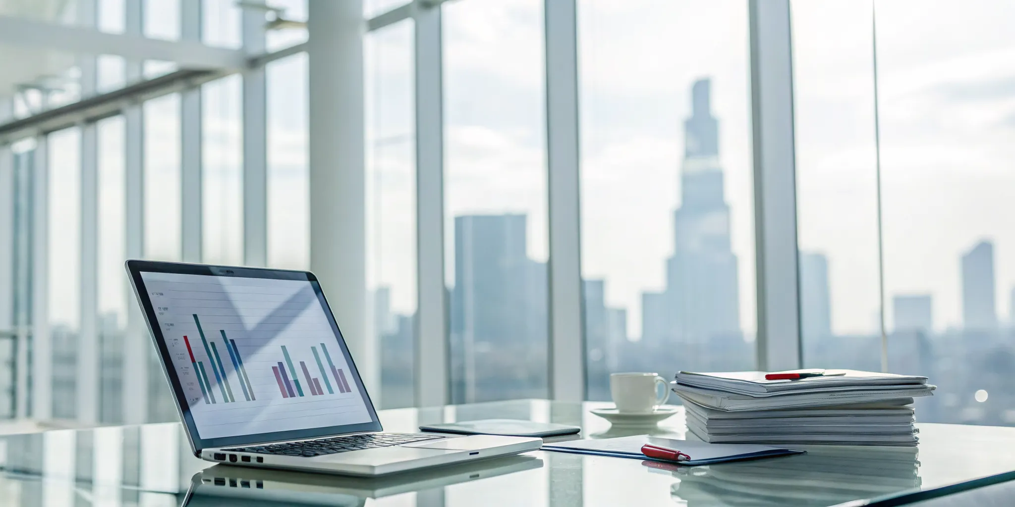 Desk with a laptop, charts, and documents used to analyze examples of costly SOX violations.
