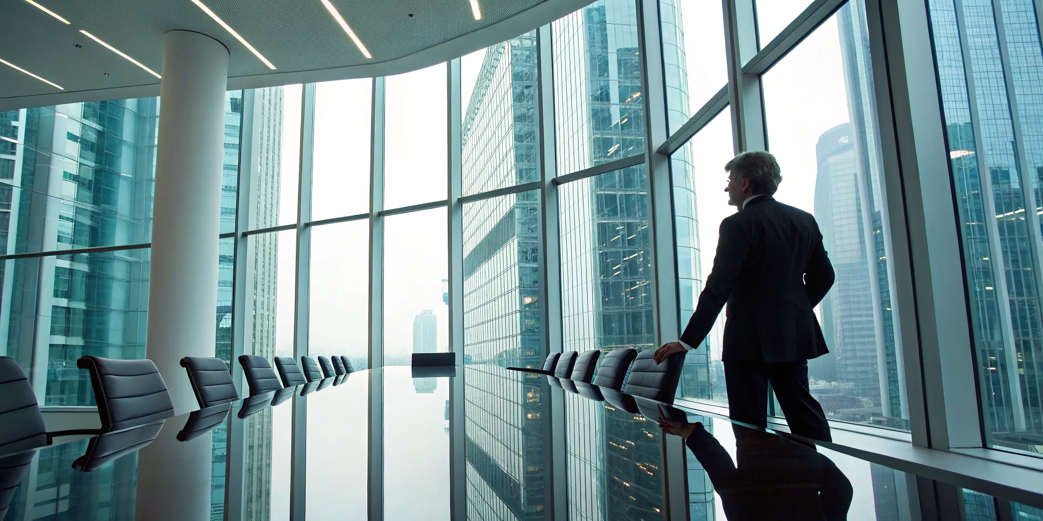 Businessman in a conference room overlooking a city, choosing the right IPO audit firm.