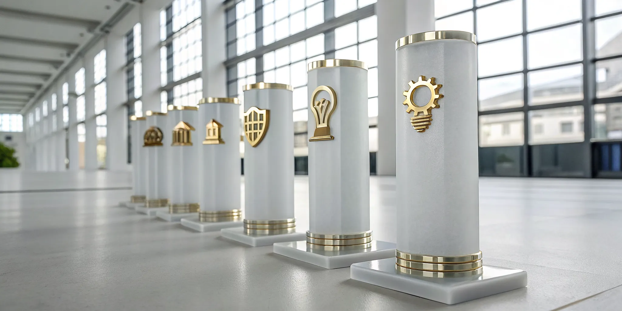 Gold trophies with icons showing examples of successful corporate tax planning.