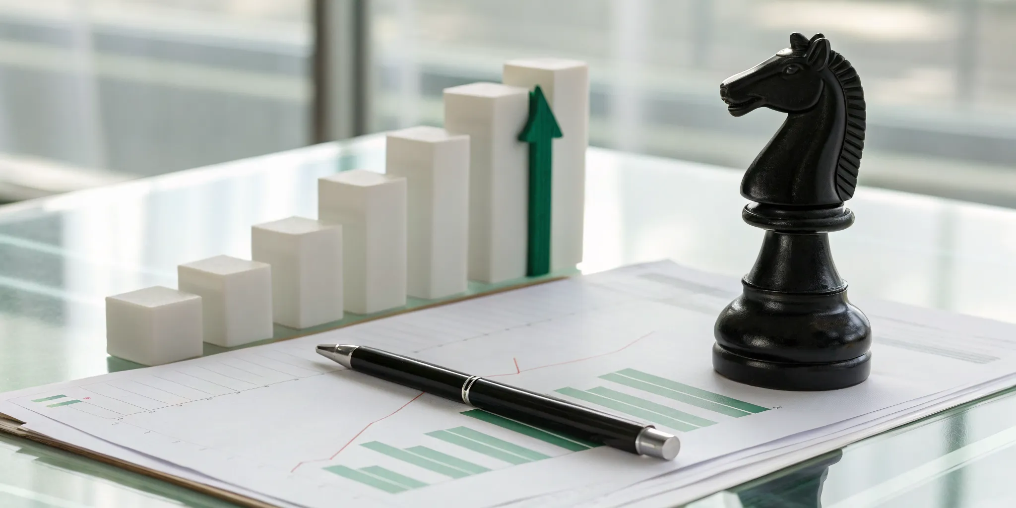 A chess piece and financial charts on a desk for strategic tax planning to lower your tax bill.