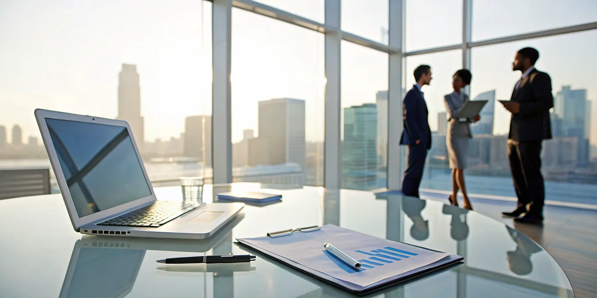 Professionals discussing business compliance services and reviewing documents in an office.
