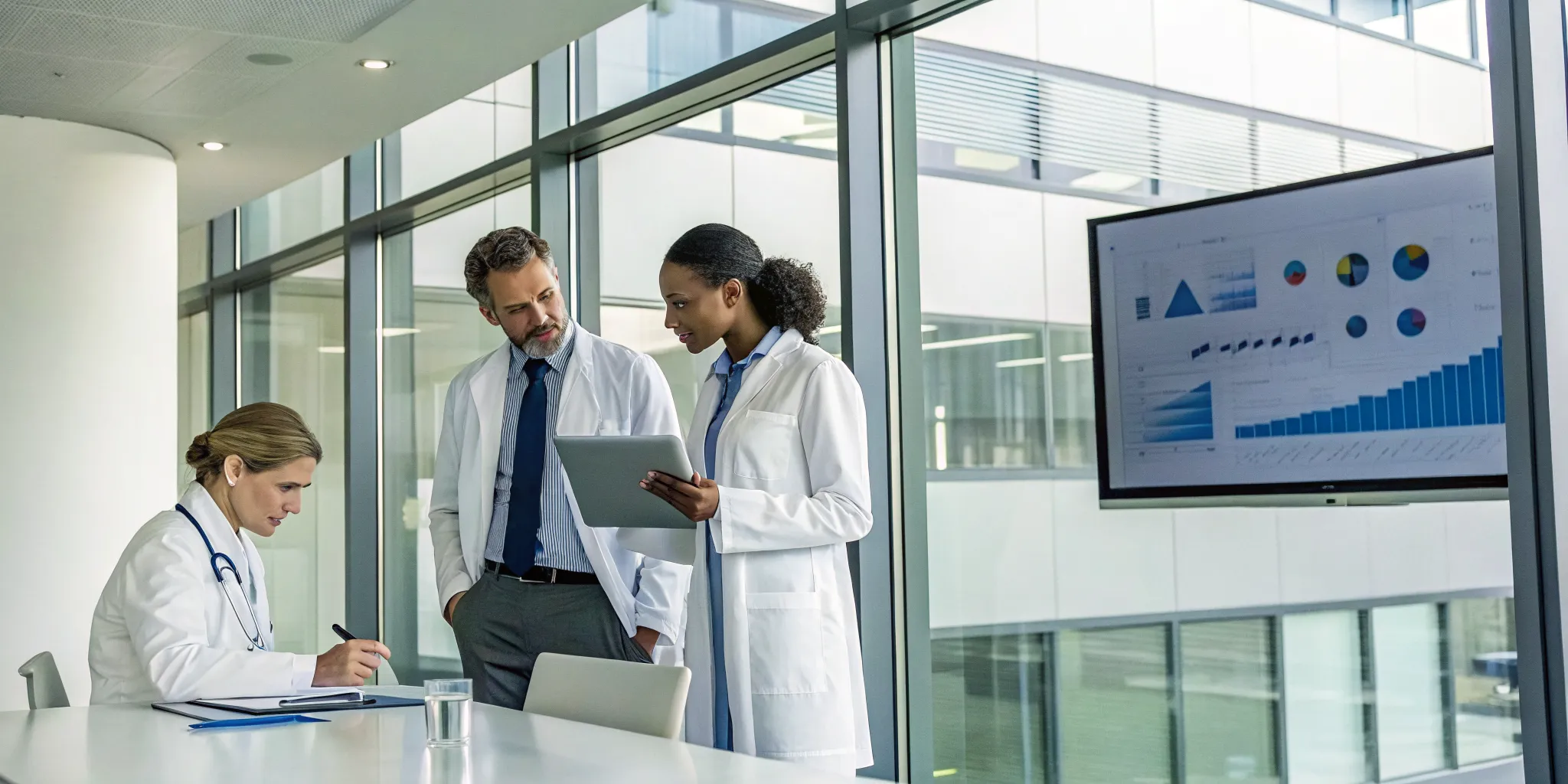 Healthcare professionals reviewing reports for a healthcare organization audit.