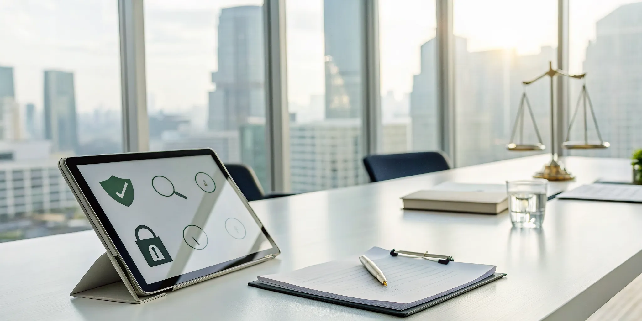A desk setup for corporate compliance with a tablet, legal documents, and scales of justice.