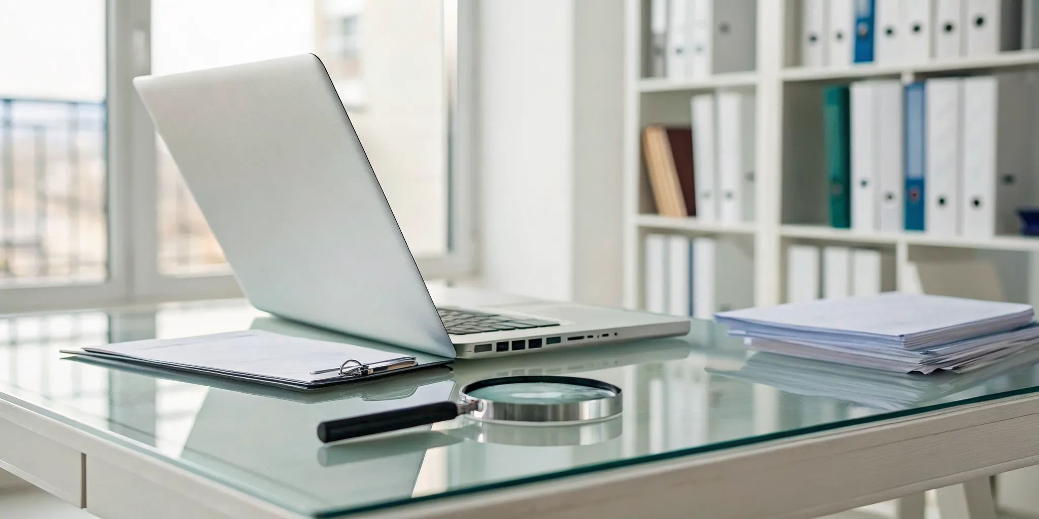 Finding official auditing standards PDF documents on a laptop with a magnifying glass.