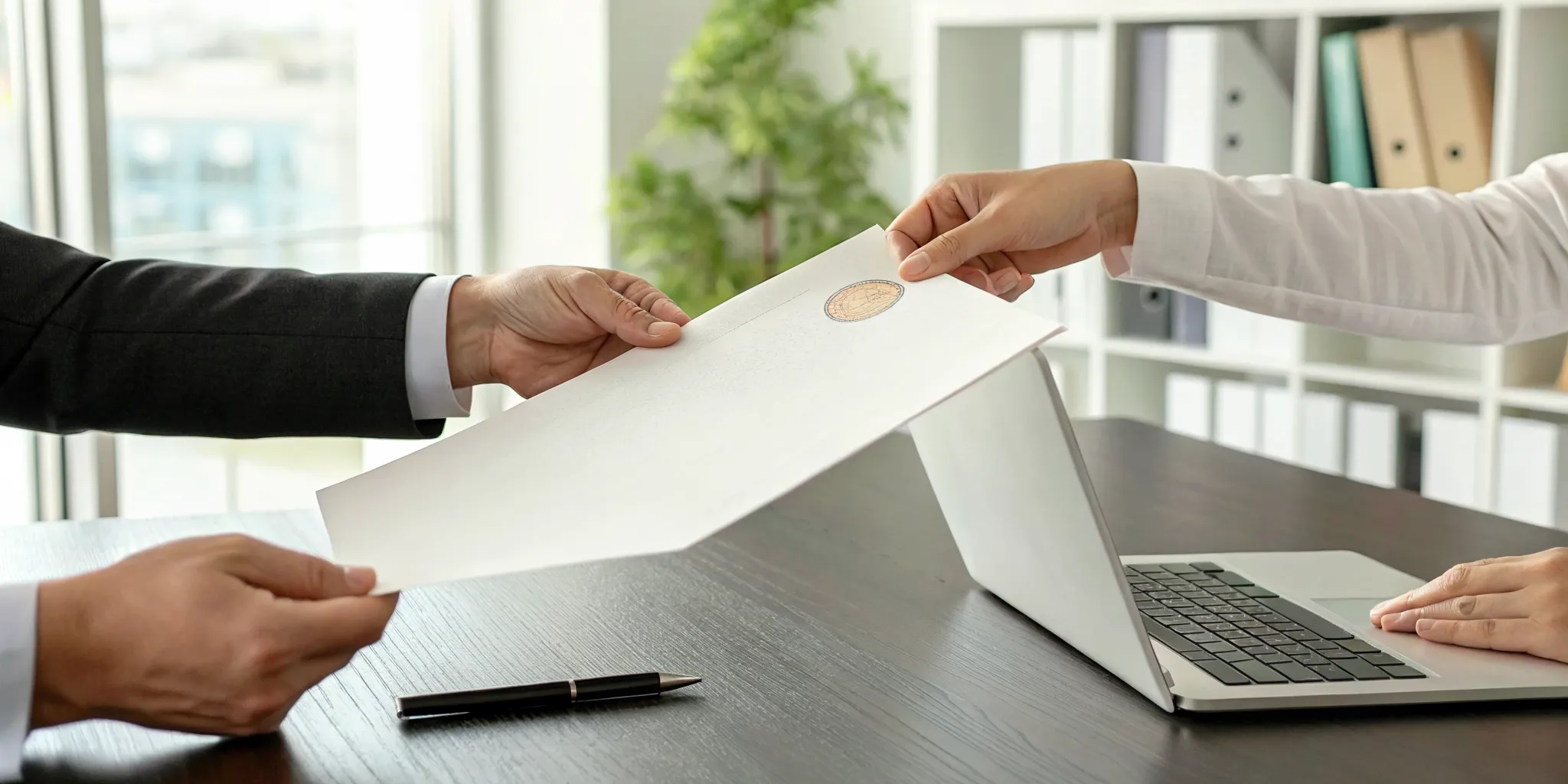 A person at a desk receiving their approved IRS tax clearance certificate.