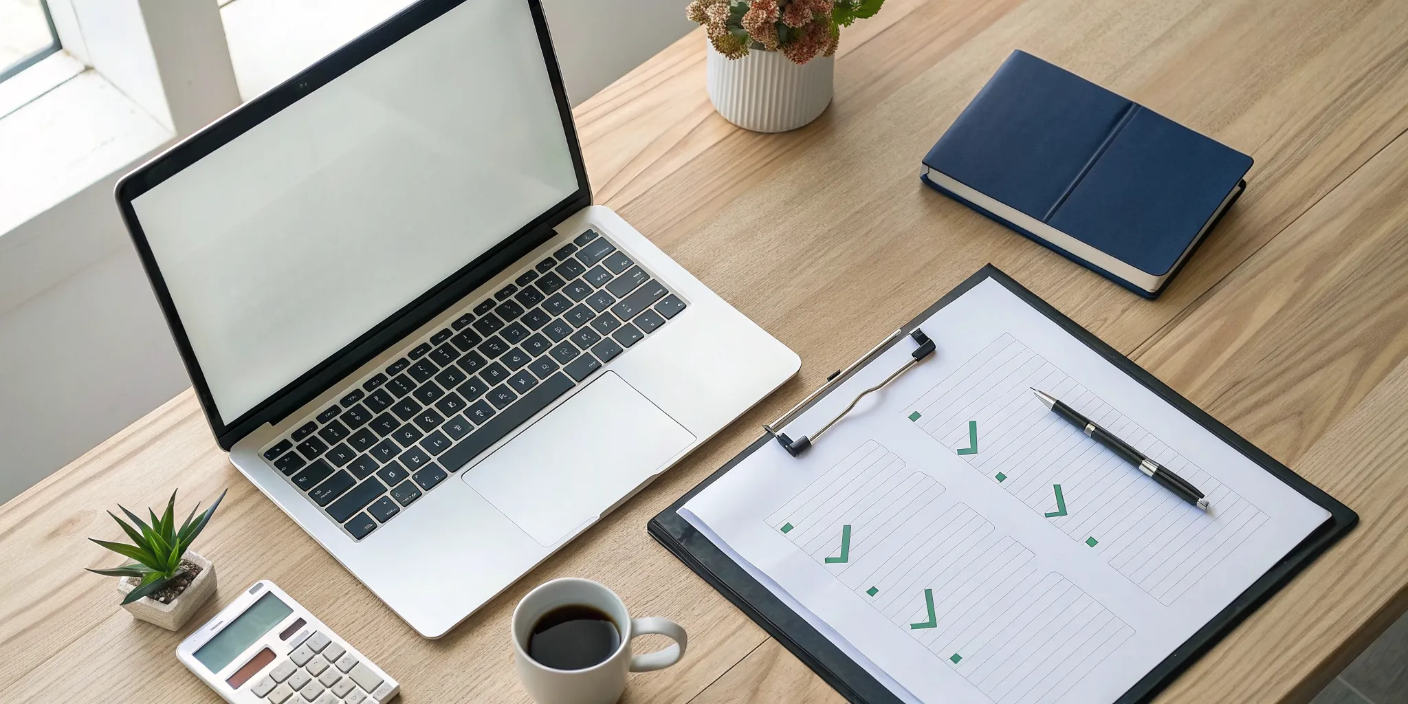 A business desk with a laptop, calculator, and checklist for managing tax compliance.