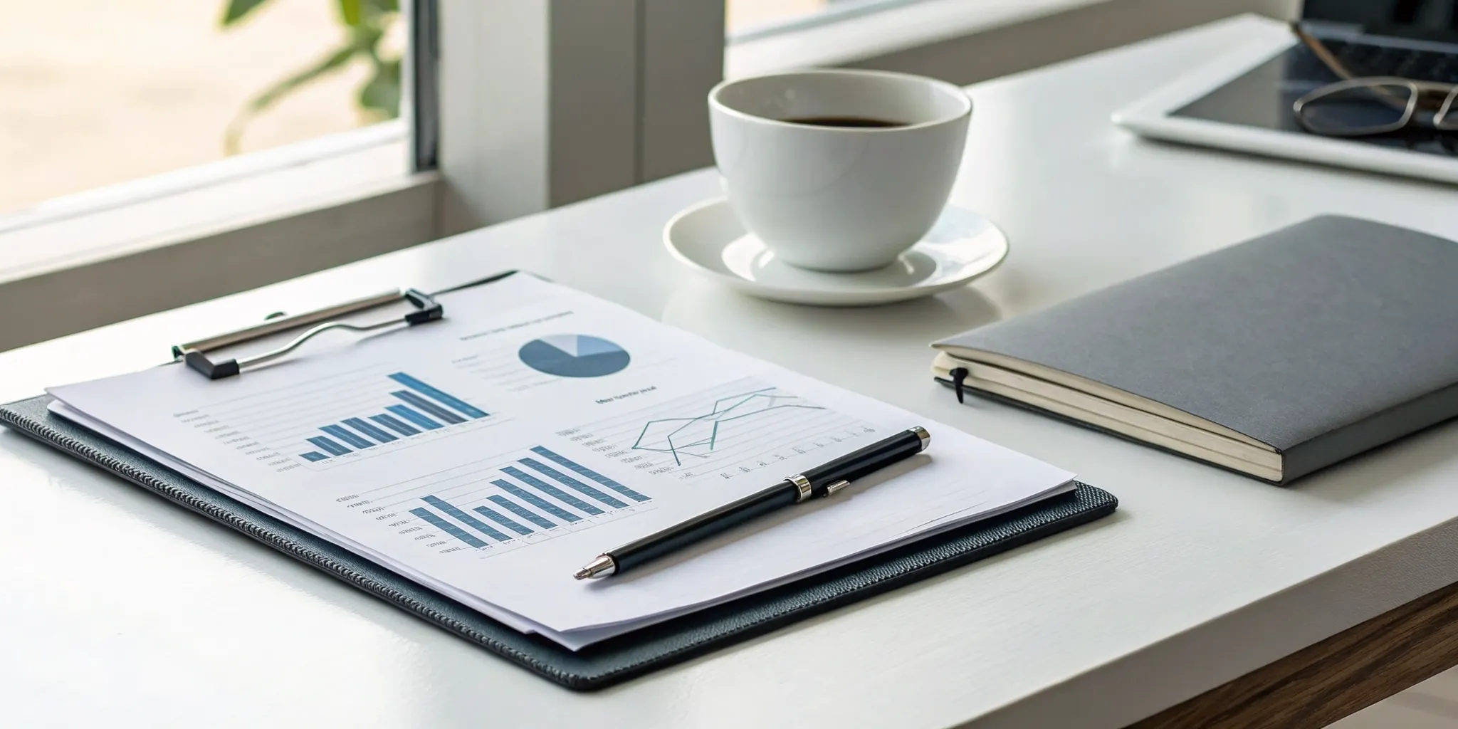 Financial tax planning strategies PDF with charts, a pen, and a notebook on a desk.