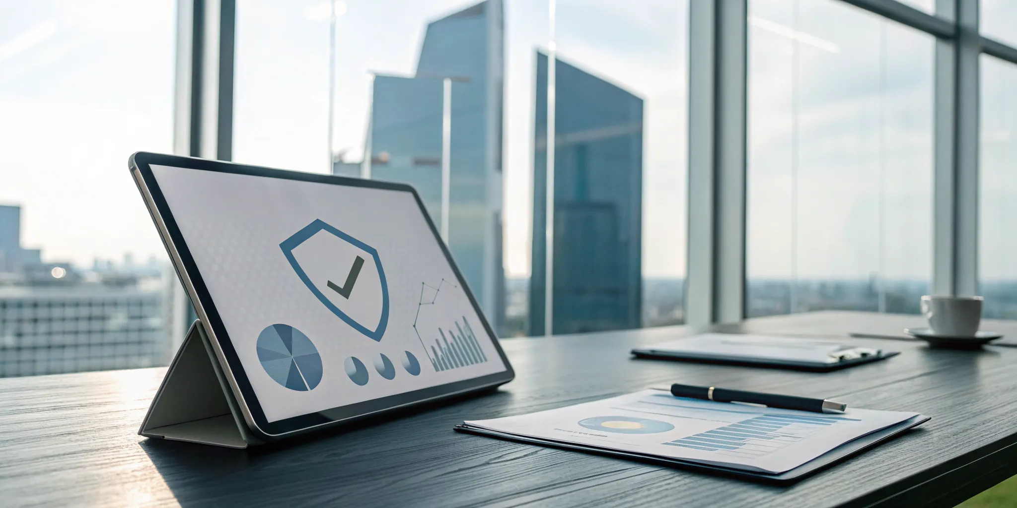 Tablet displaying a SOX compliance checklist PDF and financial charts.