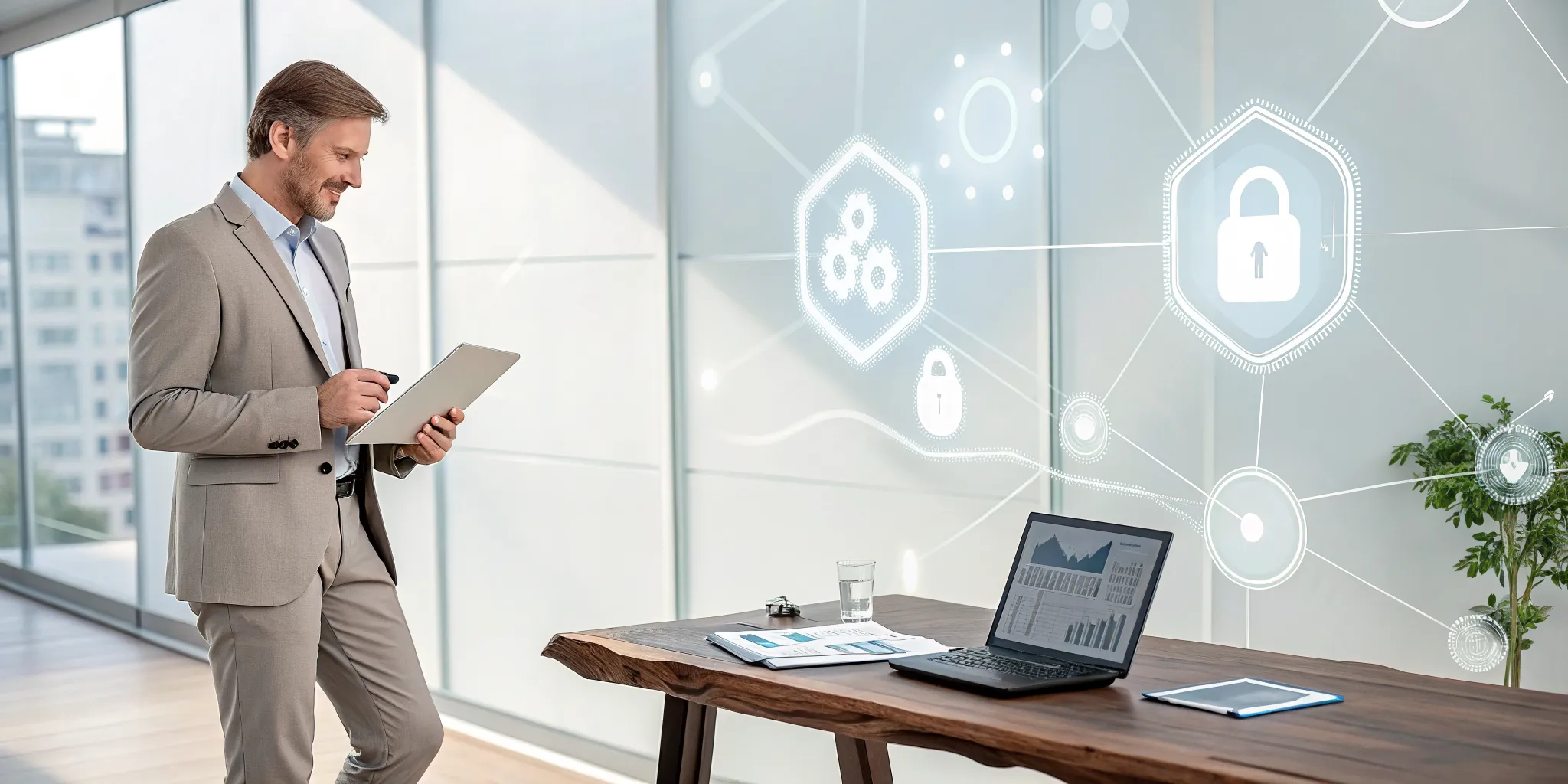 Business professional managing compliance solutions and data security on a laptop and tablet.