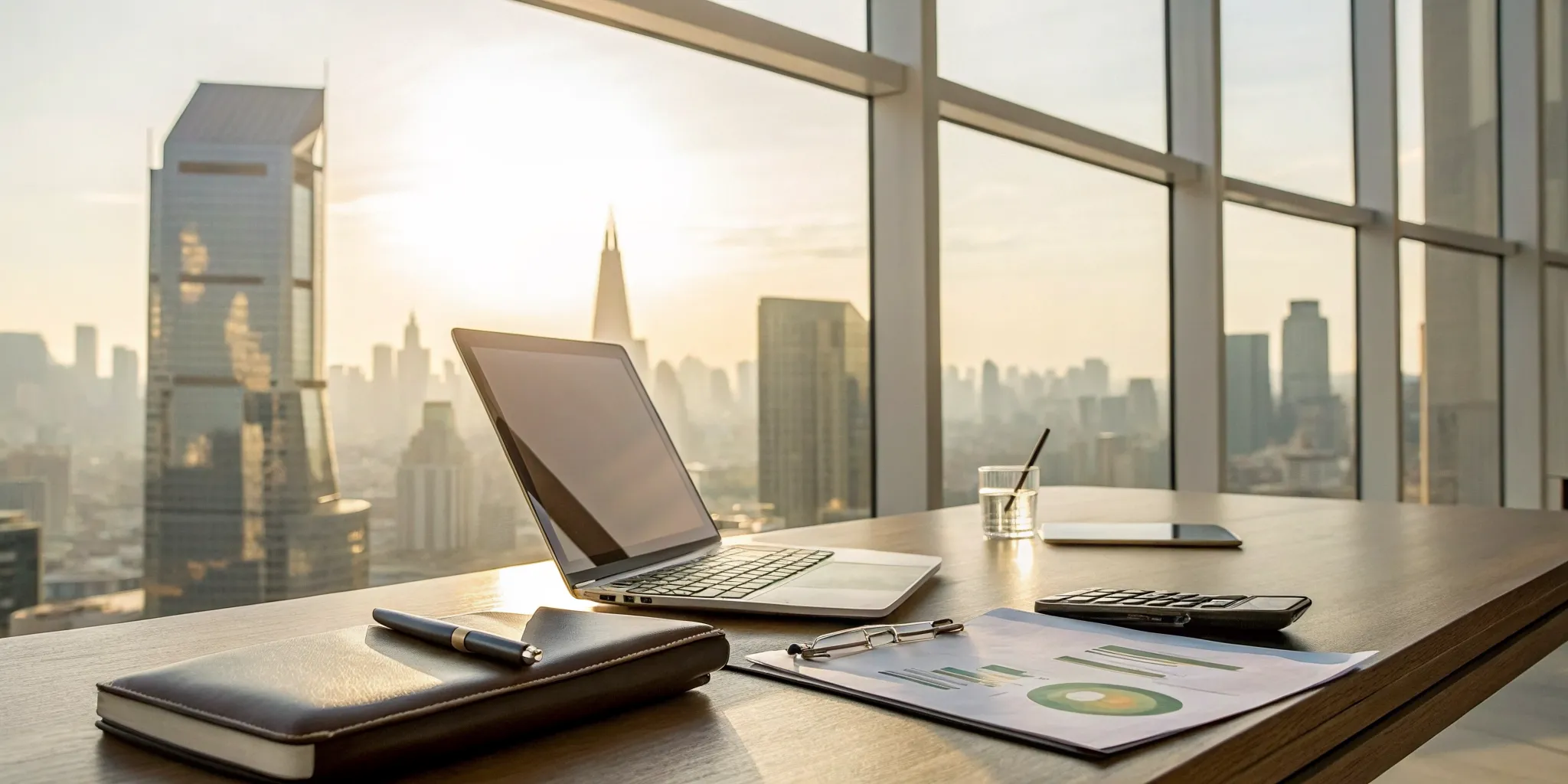 A modern office desk with a laptop and financial charts for business tax compliance.
